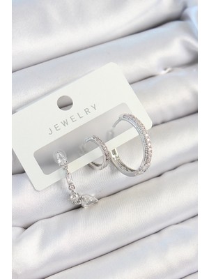 Youday Accessories Pirinç Zirkon Taşlı Sallantılı Model Gümüş Renk 3'LÜ Çift Kadın Küpe Set