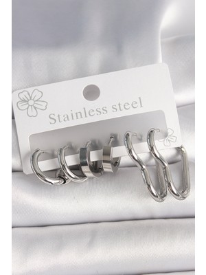 Youday Accessories 316L Çelik Gümüş Renk Kalp Halka Model Kadın Küpe Seti