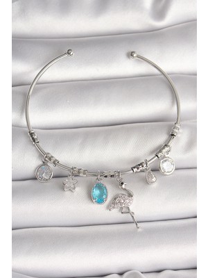 Youday Accessories Pirinç Gümüş Renk Sallantı Zirkon Taşlı Filaminga Figür Charm Kadın Bileklik