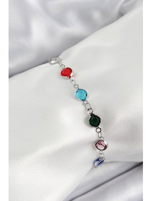 Youday Accessories Pirinç Gümüş Renk Karışık Renk Zirkon Taşlı Kadın Bileklik