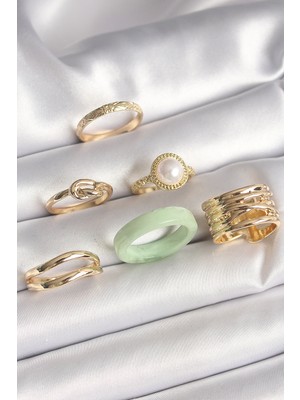 Youday Accessories Pirinç Gold Renk Düğüm Model Incili Işlemeli Plaka Model 6'LI Kadın Yüzük Seti