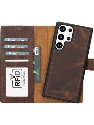 AyrStore Buğz Samsung Galaxy S23 Ultra Uyumlu Deri Cüzdanlı Kılıf G2 Kahve