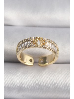 Youday Accessories Pirinç Gold Renk Zirkon Taşlı Yıldız Işleme Vıp Seri Kadın Yüzük