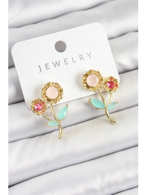 Youday Accessories Pirinç Renkli Zirkon Taşlı Papatya Model Gold Renk Kadın Küpe