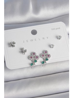 Youday Accessories Pirinç Gümüş Renk Renkli Zirkon Taşlı Çiçek Model Yaprak Detay 925 Ayar Gümüş Çivi Kadın Küpe Seti