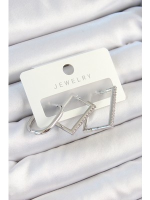 Youday Accessories Pirinç Zirkon Taşlı Dikdörtgen Model Gümüş Renk 3'LÜ Çift Kadın Küpe Set