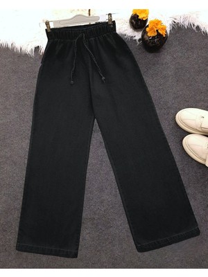Moda Morfo Bol Paça Beli Lastikli Bağcık Detaylı Kot Pantolon  -Siyah