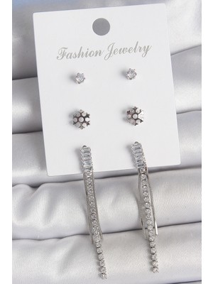 Youday Accessories Pirinç Gold Renk Zirkon Taşlı Sallantılı Çiçek Detay 3 Çfit Kadın Küpe Seti