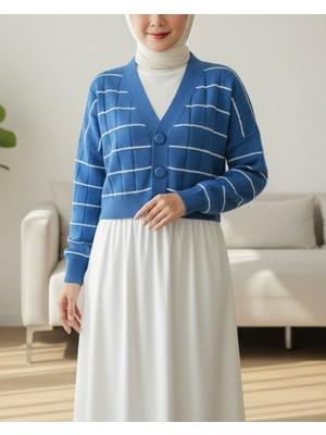 Moda Morfo Büyük Düğmeli Triko Hırka  -Mavi