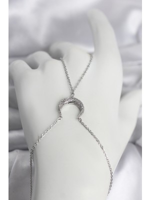 Youday Accessories Pirinç Gümüş Renk Hilal Model Zirkon Taşlı Kadın Şahmeran