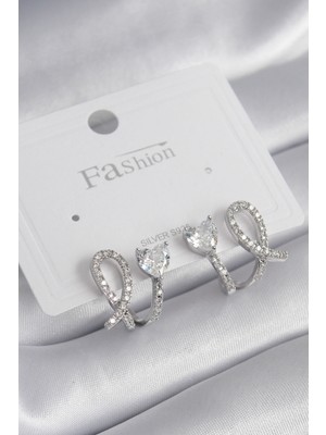 Youday Accessories Pirinç Gümüş Renk Kalp Model Zirkon Taşlı Kadın Küpe