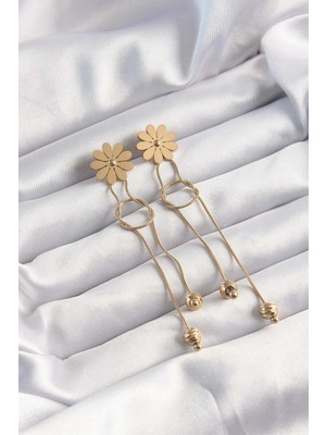 Youday Accessories 316L Çelik Altın Renk Sallantılı Düğüm Model Papatya Küpe