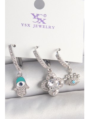 Youday Accessories Pirinç Gümüş Renk Zirkon Taşlı Fatma Ana Yonca Figür Göz Detay 3'LÜ Kadın Kombin Küpe