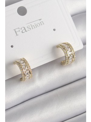 Youday Accessories Pirinç Gold Renk Zirkon Taşlı Halka Model Kadın Küpe