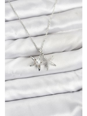 Youday Accessories 316L Çelik Zincir Gümüş Renk Deniz Yıldızı Model Zirkon Taşlı Kadın Kolye