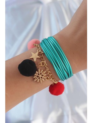 Youday Accessories Turkuaz Renk Kar Tanesi Figür Zincir Detay Ipli Çoklu Bileklik