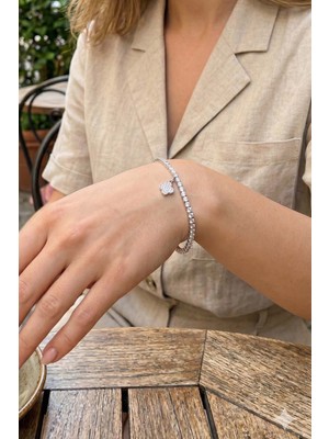 Youday Accessories Yonca Model Zirkon Taşlı Gümüş Renk Asansörlü Su Yolu Bileklik