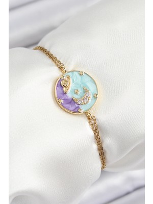 Youday Accessories 316L Çelik Zincir Mineli Sanatsal Portre Zirkon Taşlı Gezegen Model Gold Renk Kadın Bileklik