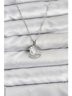 Youday Accessories 316L Çelik Zincir Gümüş Renk Istiridye Inci Model Zirkon Taşlı Kadın Kolye