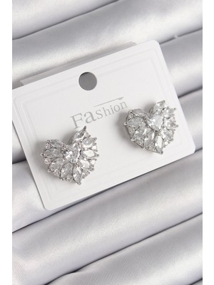 Youday Accessories Pirinç Gümüş Renk Zirkon Taşlı Kalp Model Kadın Küpe