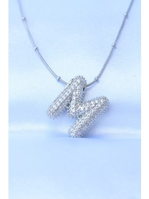 Youday Accessories 316L Çelik Zincirli Zirkon Taşlı M Harfli Gümüş Renk Bubble Kolye
