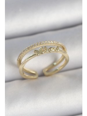 Youday Accessories Pirinç Gold Renk 2'LI Sıra Zirkon Taş Detaylı Kelebek Figürlü Ayarlanabilir Model Kadın Yüzük