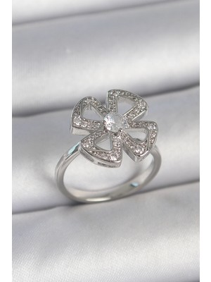 isiltikidsmoda Pirinç Gümüş Renk Zirkon Taşlı Yonca Model Ayarlanabilir Kadın Yüzük