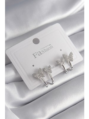 Youday Accessories Pirinç Gümüş Renk Zirkon Taşlı Kelebek Model Kadın Küpe