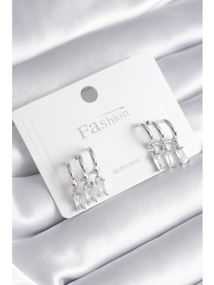 Youday Accessories Pirinç Gümüş Renk 3'LÜ Sallantı Zirkon Taşlı Küpe