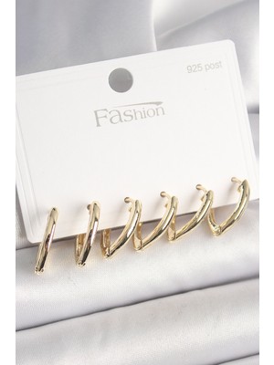 Youday Accessories 925 Ayar Gümüş Çivi Pirinç Gold Renk Üçgen Model Kadın Küpe Seti