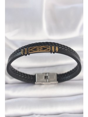 Youday Accessories 316L Çelik Gold Renk Aksesuarlı Çift Sıra Siyah Burgu Desenli Deri Kordon Erkek Bileklik