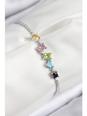 Youday Accessories Pirinç Renkli Zirkon Taşlı Geometrik Model Gümüş Renk Kadın Bileklik