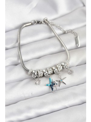 Youday Accessories Pirinç Gümüş Renk Yıldız Model Charmlı Kadın Bileklik