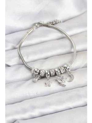 Youday Accessories Pirinç Gümüş Renk Kalpli Model Charmlı Kadın Bileklik