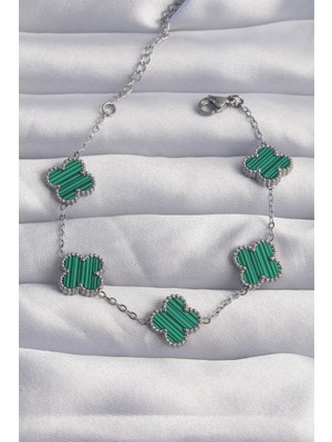 Youday Accessories 316L Çelik Gümüş Renk Çizgili Yeşil Mineli Yonca Bileklik