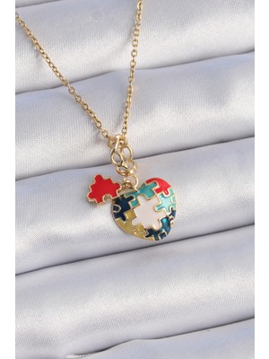 Youday Accessories 316L Çelik Gold Renk Yapboz Motif Kalp Figür Charm Model Kadın Kolye
