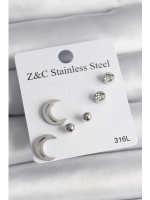 İsingir Shopping Çelik Gümüş Renk Zirkon Taşlı Hilal Model Kadın Küpe Seti