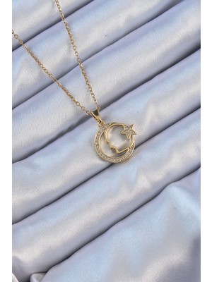 Youday Accessories 316L Çelik Zincir Altın Renk Zirkon Taşlı Ay Yıldız Simgeli Atatürk Kolye