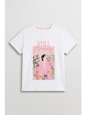 Quzu Çiçek Figür Baskılı Bisiklet Yaka Tişört Ekru