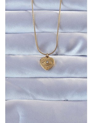 Youday Accessories 316L Altın Renk Zirkon Taşlı Işlemeli Göz Detay Kalp Kolye