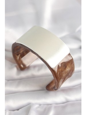 Youday Accessories Kahverengi Mermer Desen Akrilik Plastik Gümüş Dikdörtgen Plaka Vintage Kadın Bilezik