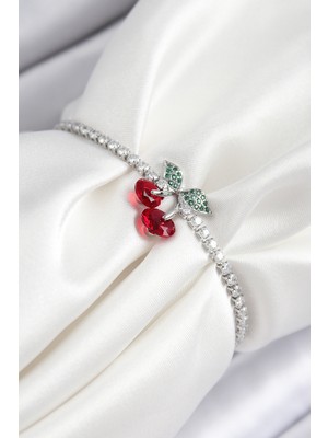 Youday Accessories Pirinç Zirkon Taşlı Kiraz Model Gümüş Renk Asansörlü Kadın Bileklik