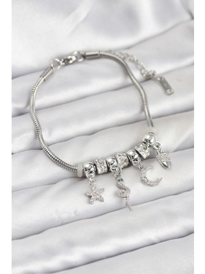 Youday Accessories Pirinç Gümüş Renk Yılan Charmlı Kadın Bileklik