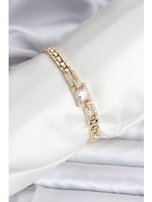 Youday Accessories 14K Gold Renk Kaplama Zirkon Kare Taşlı cm Kadın Bileklik