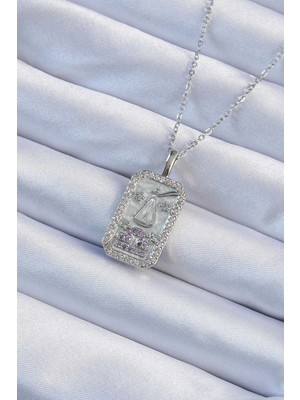 Youday Accessories 316L Çelik Zincir Gümüş Renk Lila Zirkon Taşlı Tarot Kolye