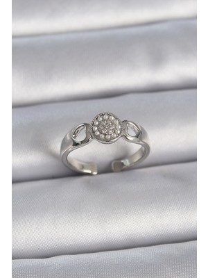 Youday Accessories Pirinç Gümüş Renk Zirkon Taşlı Incili Kalp Işleme Detay Ayarlanabilir Model Kadın Yüzük