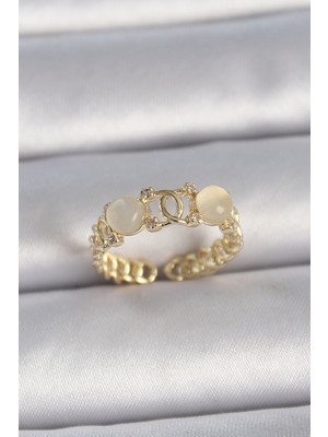Youday Accessories Pirinç Gold Renk Ayarlanabilir Zirkon Taşlı Beyaz Mineli Birleşik Halka Model Kadın Yüzük