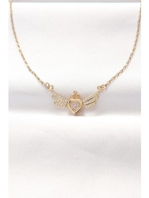 Youday Accessories 316L Çelik Gold Renk Zirkon Taşlı Kalpli Kanat Kolye