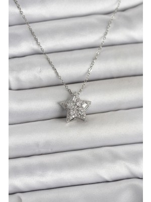 Youday Accessories 316L Çelik Zincir Gümüş Renk Zirkon Taşlı Yıldız Model Kadın Kolye