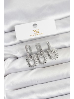 Youday Accessories Pirinç Gümüş Renk Zirkon Taşlı Vintage Model Ysx Trio Küpe Seti